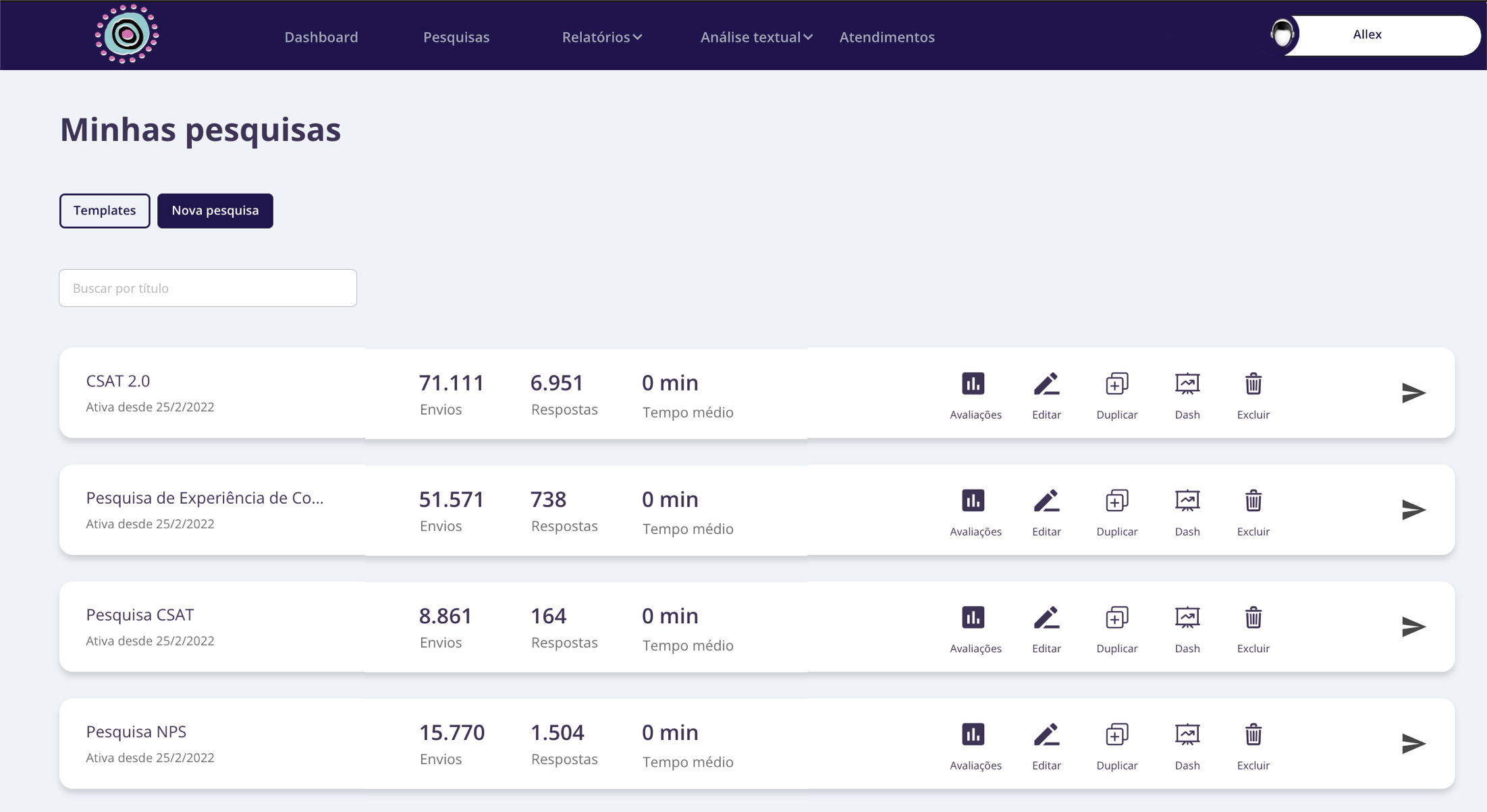 Lista de pesquisas no dashboard